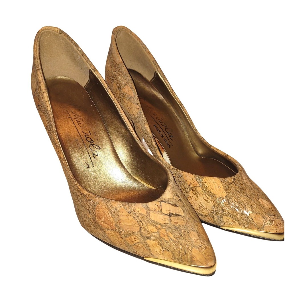 Española Cork Stiletto Pumps Gold Metal Detail Made in Spain Tan Heels Size 5-6